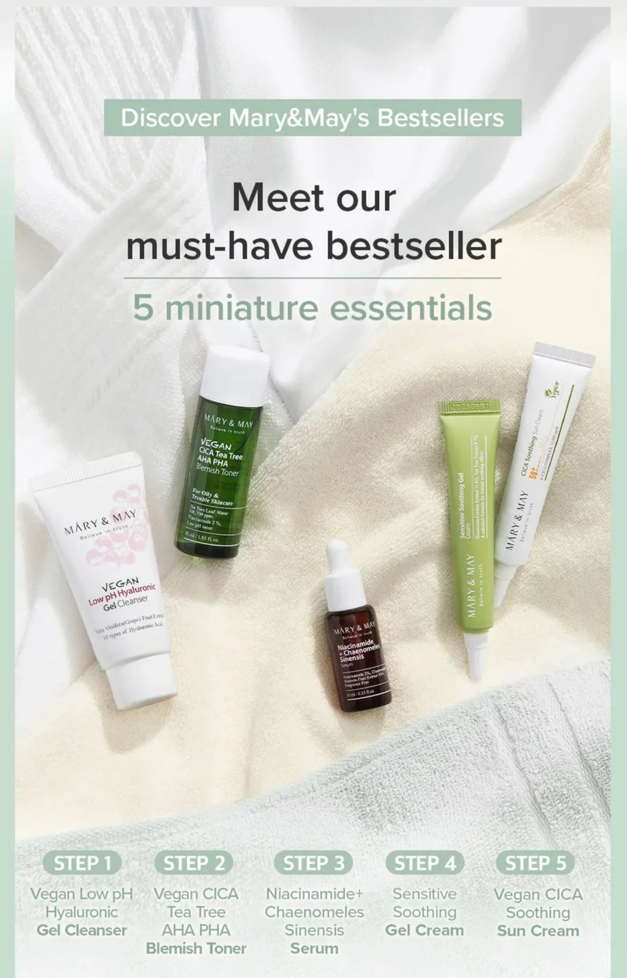 Mary & May - Soothing Trouble Care Travel Kit (Toner+Serum+Cream+Suncream+Gel cleanser)